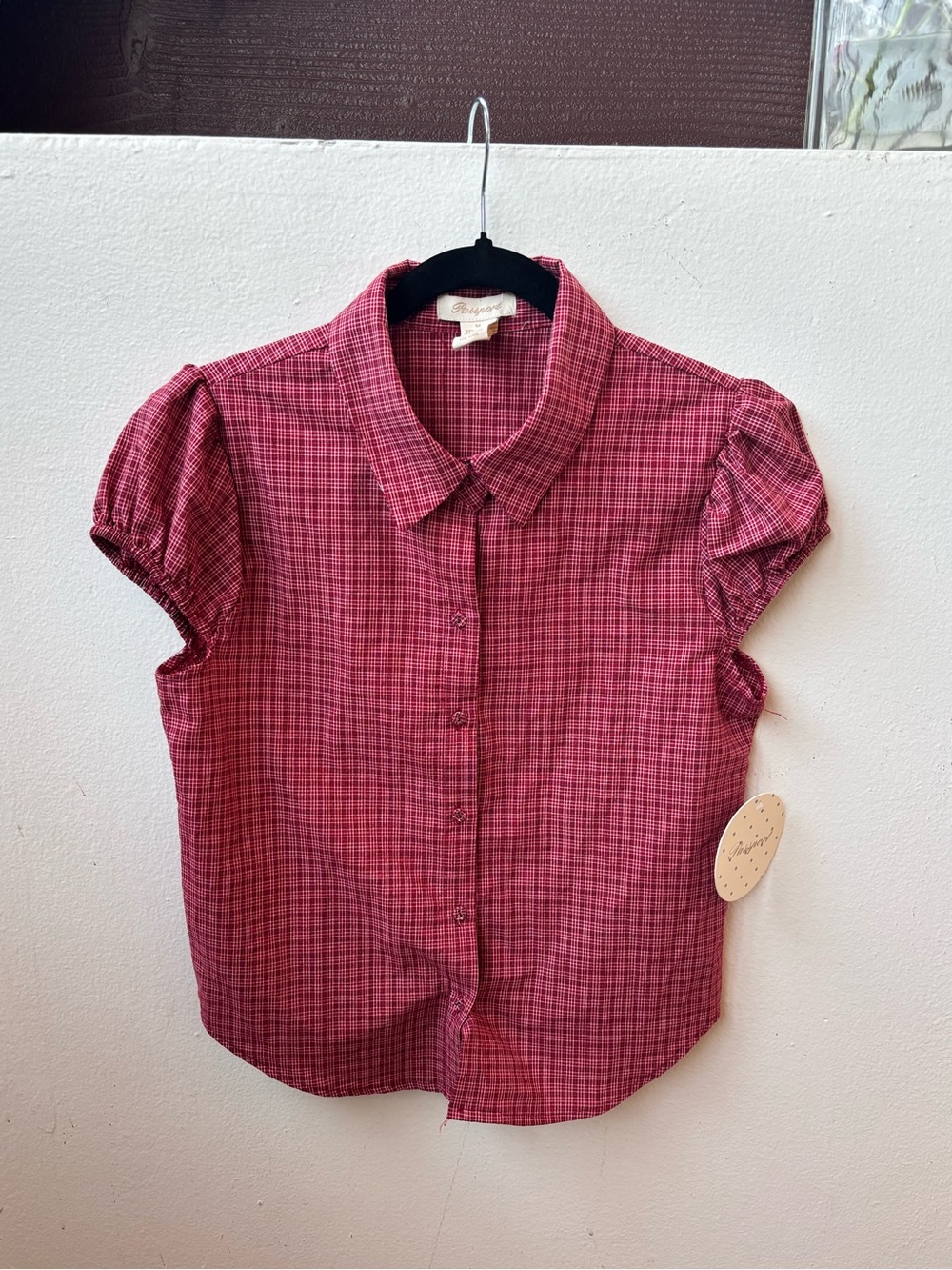 Passport Women's Red Plaid Button-Up Shirt with Puff Sleeves